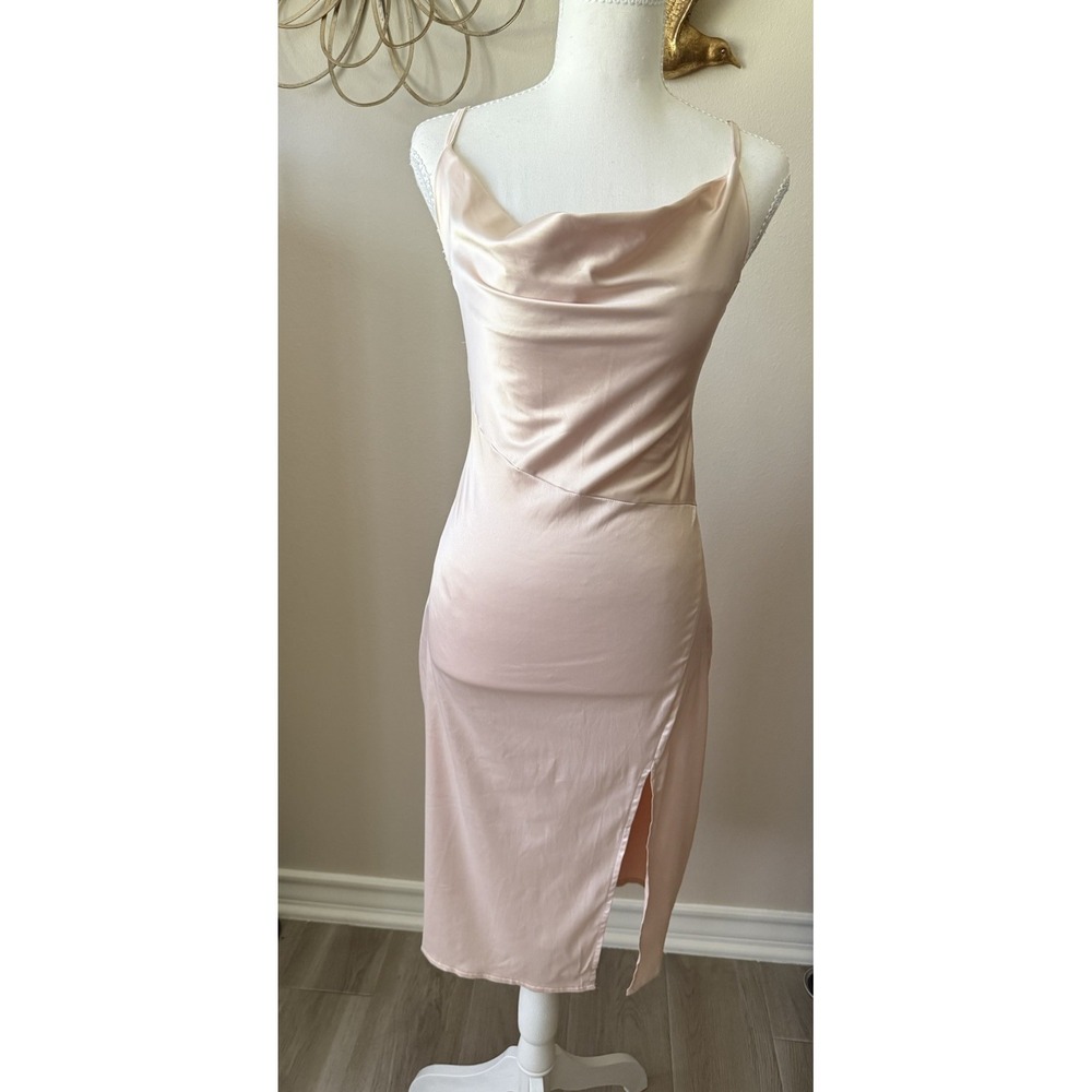 Women Satin Slip Dress Cowl Neck Champagne Midi Side Slit Wedding Guest XS